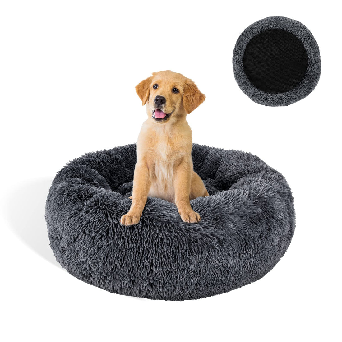 Zvonema ZNM Round Dog Bed, Plush and Soft Dog Cushion, Cat Bed with Non-Slip Base, Fluffy Doughnut Pet Bed for Small Dogs and Cats (Dark Grey, Diameter 76 cm)