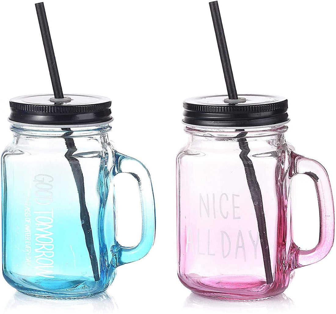Glass Mason Jar with Hand Handle and Lid Suitable for Drinks, Fruit Juice (Random Color, Clear, 450ml) (1 Piece)