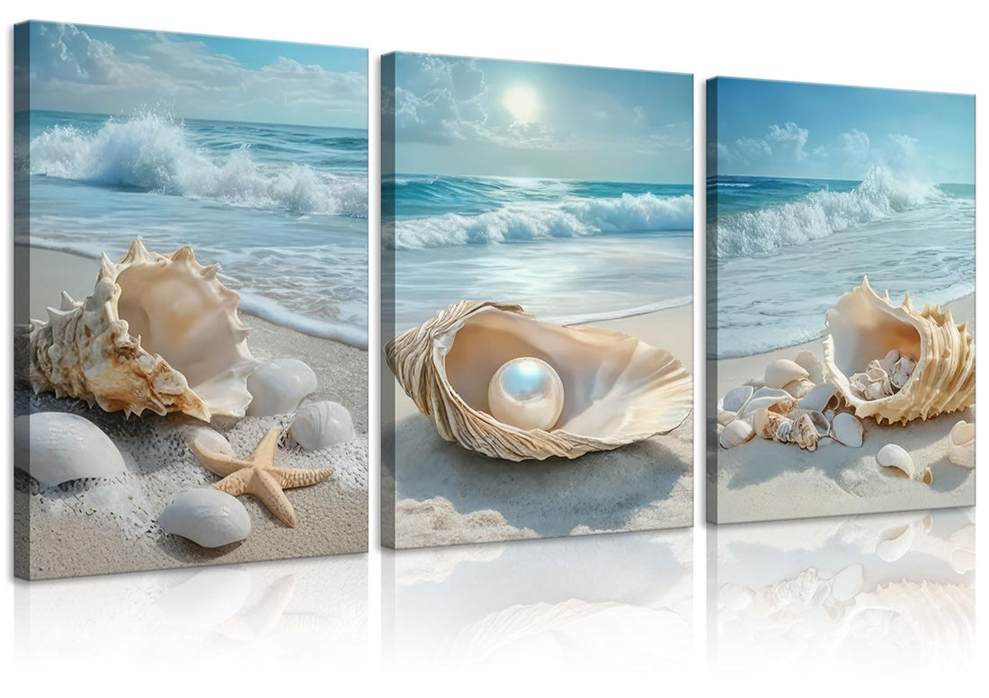 3Pcs Coastal Seashell Conch Canvas Wall Art Summer Beach Waves Pictures Wall Decor Blue Beach Ocean Posters Prints Paintings for Bathroom Bedroom Living Room Sea View Room Decoration Prepare to hang