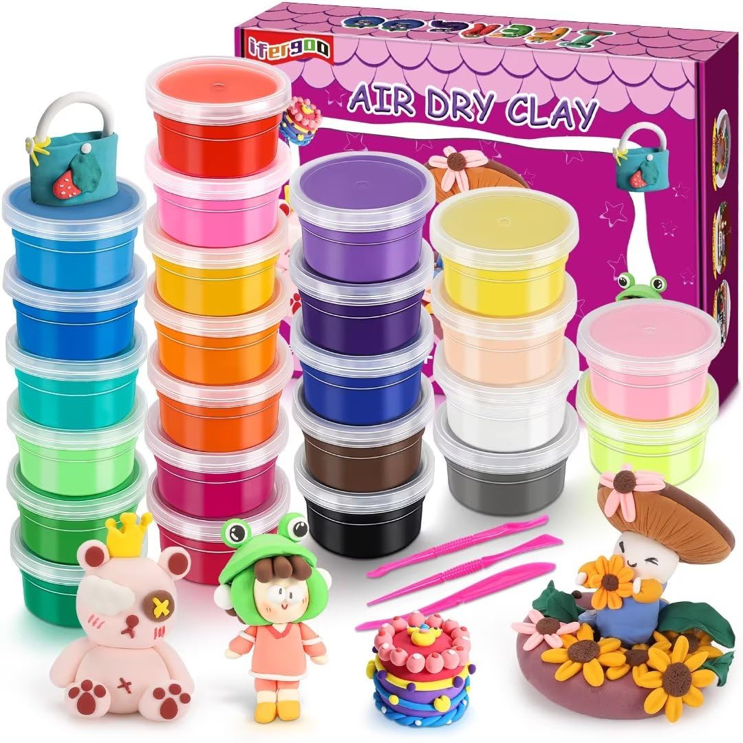 iFergoo Air Dry Modeling Clay, 24 Colors Ultra Light Magic Dough, Non-Toxic Creative Art DIY Kit for Kids, Children Girls Gift