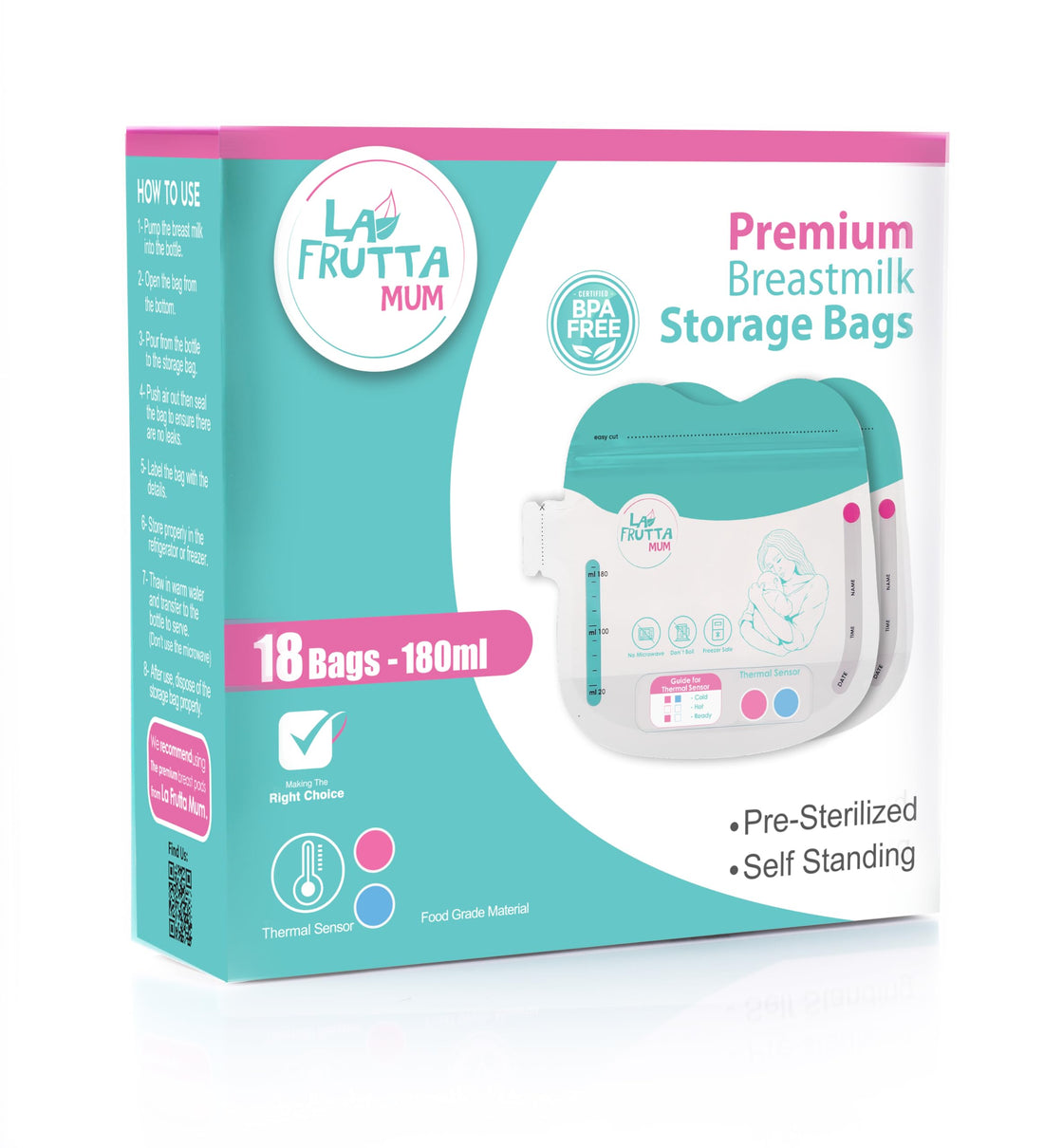 Premium Breastmilk Storage Bags 180 ml,-Pre-Sterilized.,Leak proof,Freezer safe,Double zip lock. 18 PCS (180, 18, Piece)