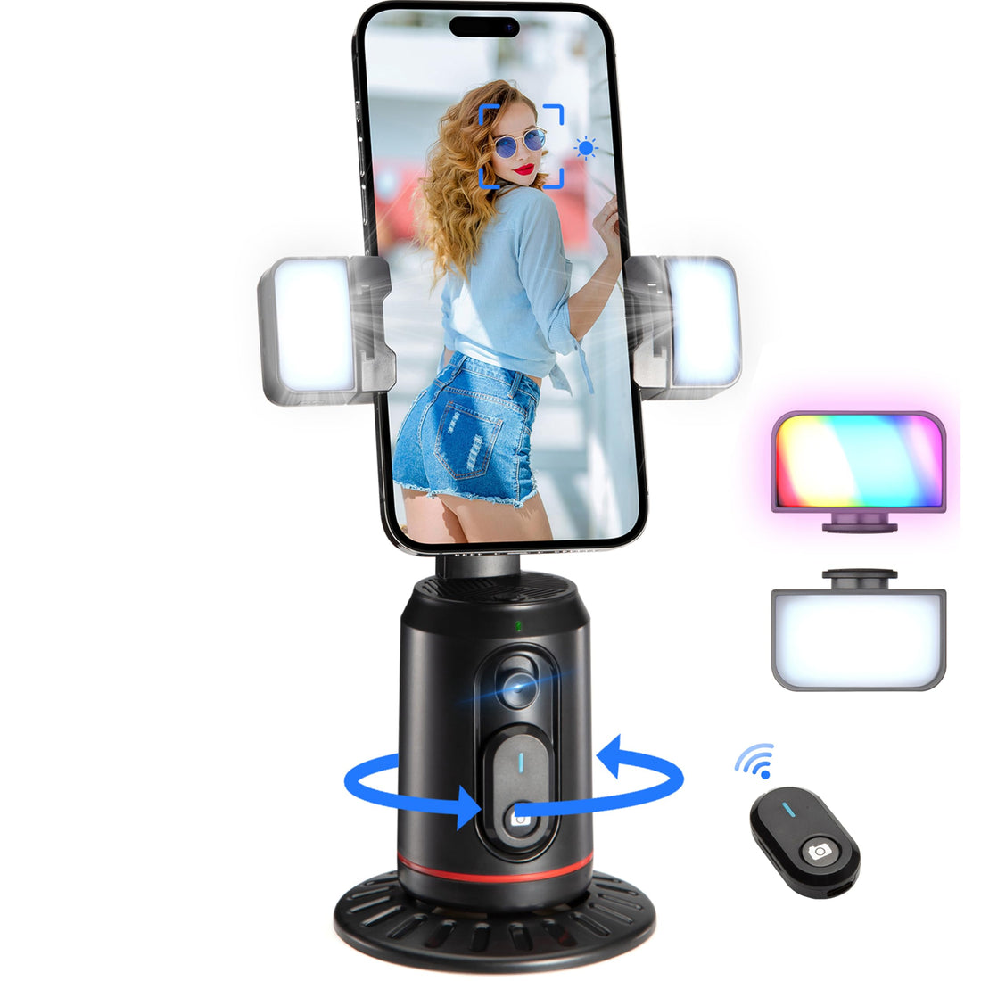 MQOUNY Auto Face Tracking Phone Holder, 360° Rotation Face Body Phone Tripod Smart Shooting Camera Mount with Rechargeable Remote and Light for Live Vlog Streaming Video, Rechargeable