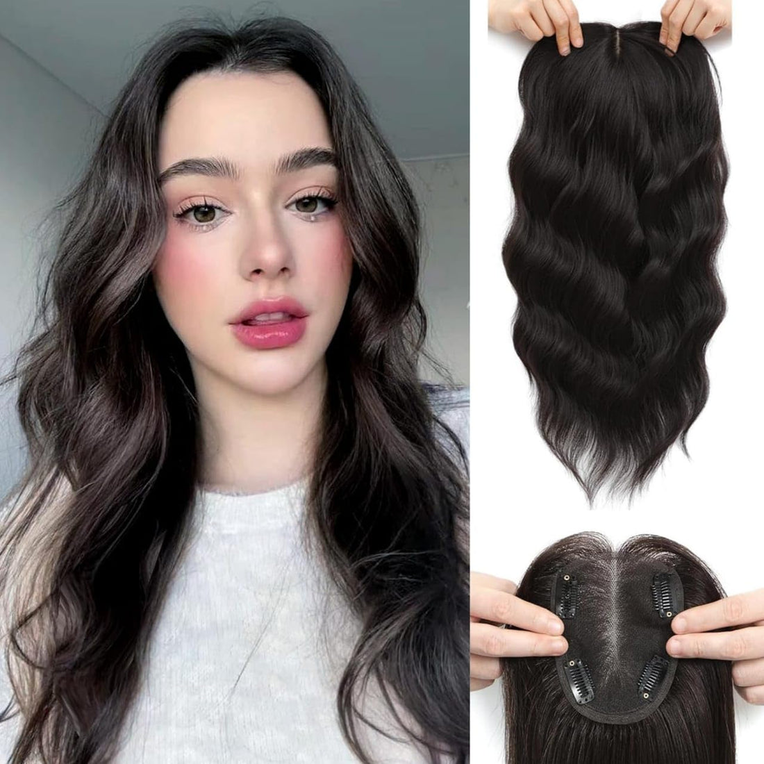 MISS LIRENN® Hair Topper 18 Inch Long Curly, Wavy Hair Toppers For Women with Thinning Hair 4’’x 4’’ Silk Base Lightweigh Hair Extension, Hair Pieces for Women, Brown Color, 60 Gram