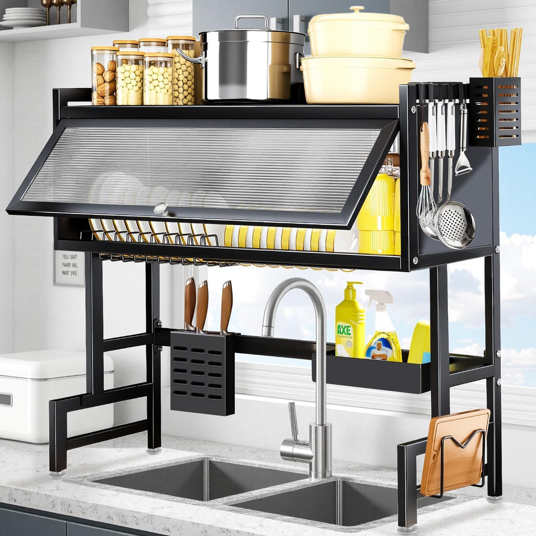 BEMMY Dish Drying Rack, 33.5 * 31.5" Over Sink Storage Organizer for Small Kitchen, Dish Drying Rack with Lid Space Saver, Baskets