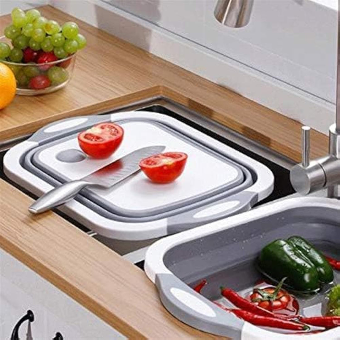 Collapsible Dish Sink - 4 in 1 Multifunctional Plastic Cutting Board - Fruit Washing - Drain Basket with Plug - Collapsible Wash Basin - Serving Tray - By Pegui Bell
