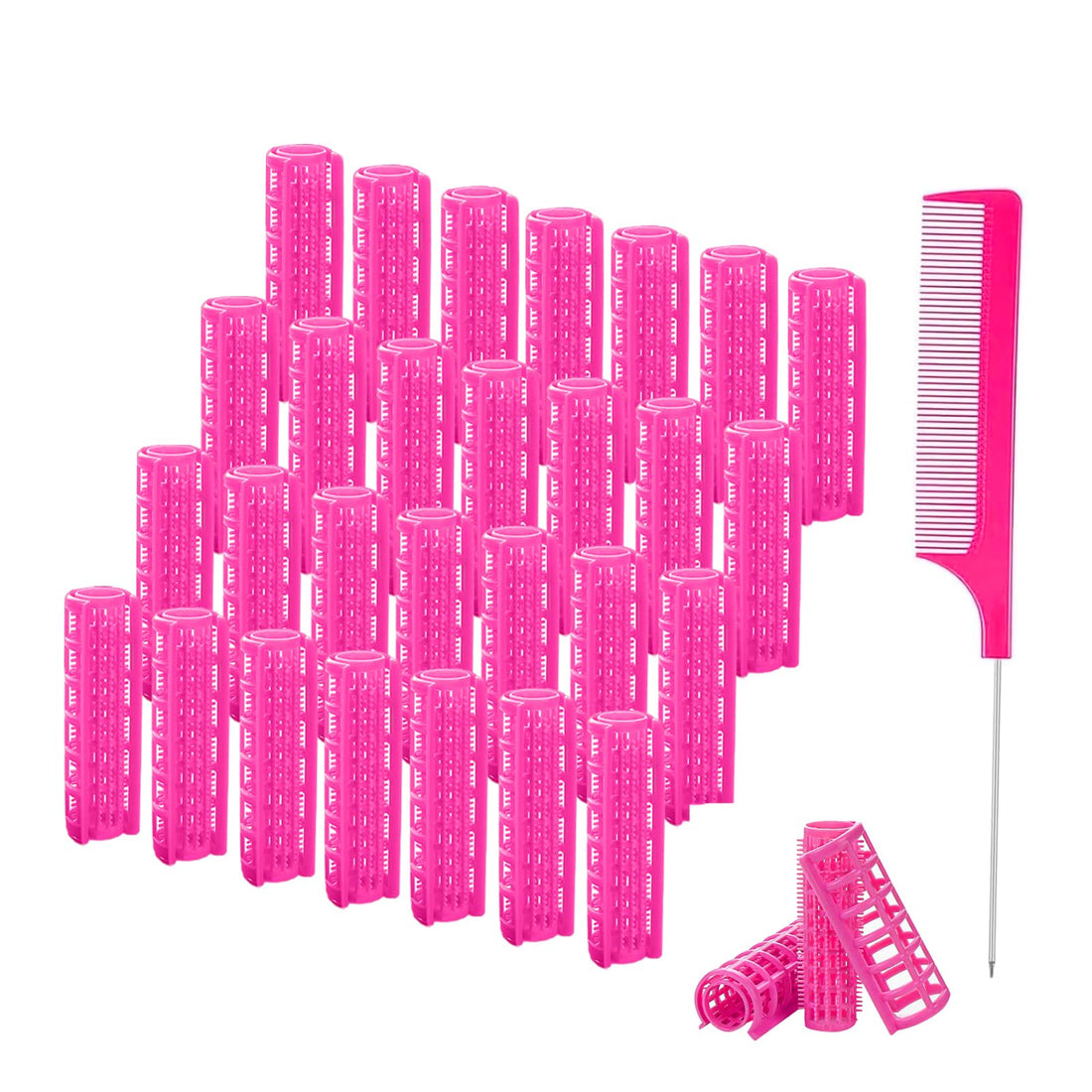 ZMD 28PCS Plastic Hair Curlers Rollers Set, 0.6In/1.5cm Small Size Snap on Rollers Self Grip Hair Curlers Heatless Rollers with Comb Hairdressing Curlers Tools for Short Thin Fine Hair (Pink)