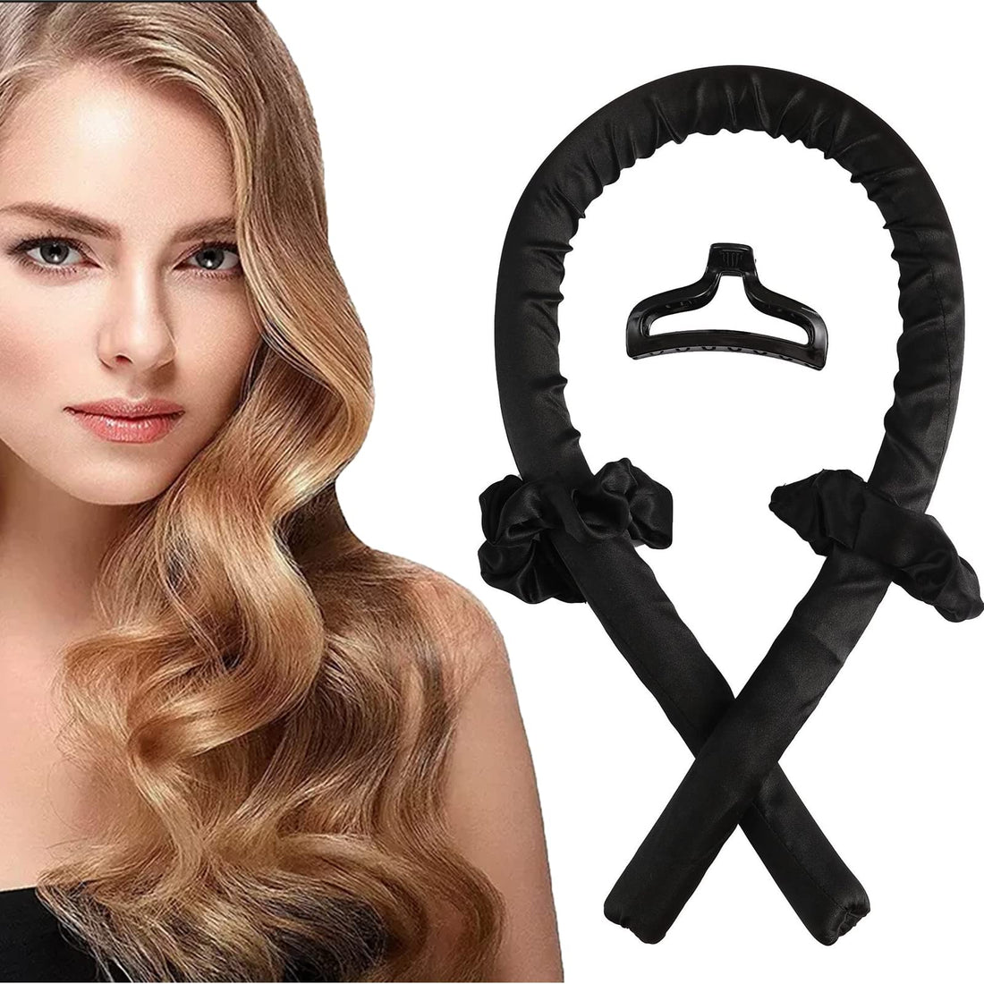 Heatless Curlers Headband for Long Hair, Silk Ribbon Curling Rod Lazy Natural Soft Wave Formers Sleeping Overnight Hair Curling Wrap Kit No Heat Hair Styling Tools for Long Medium Hair(Black) (Black)