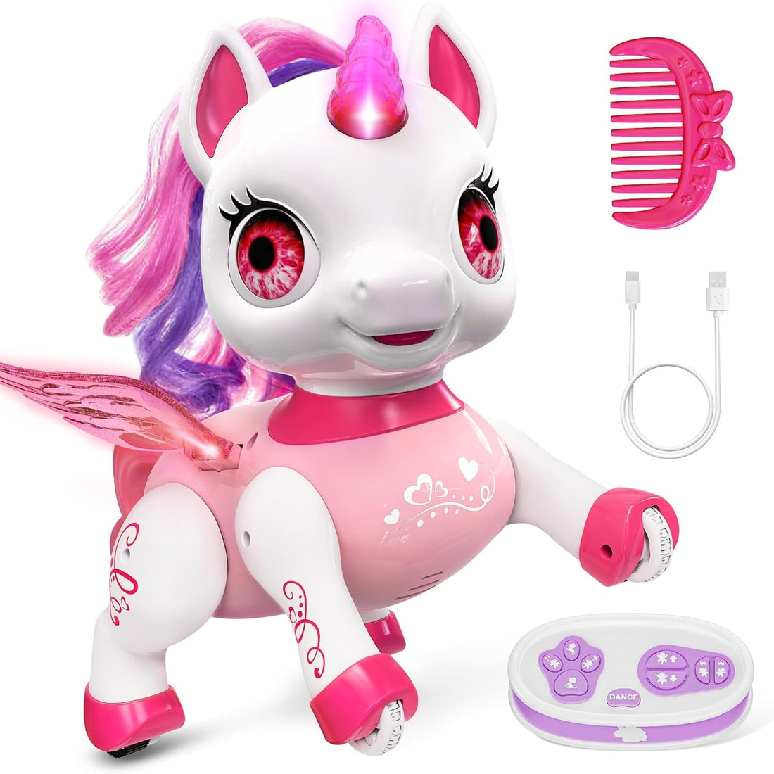 TOYS LAND Unicorn Robot Toy for Girls, Remote Control Unicorn Robot with LED Wings, Music & Dancing Mode, Rechargeable RC Smart Pet, Electric Robotic Birthday Gift for Kids Age 3+ (Pink)