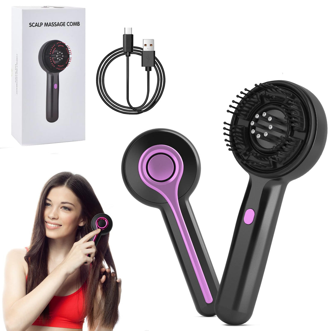 3-in-1 Electric Scalp Massage Brush, Hair Massage Comb with Oil Applicator, Red Light, 3 Functional Modes, Portable and Wireless (Black)