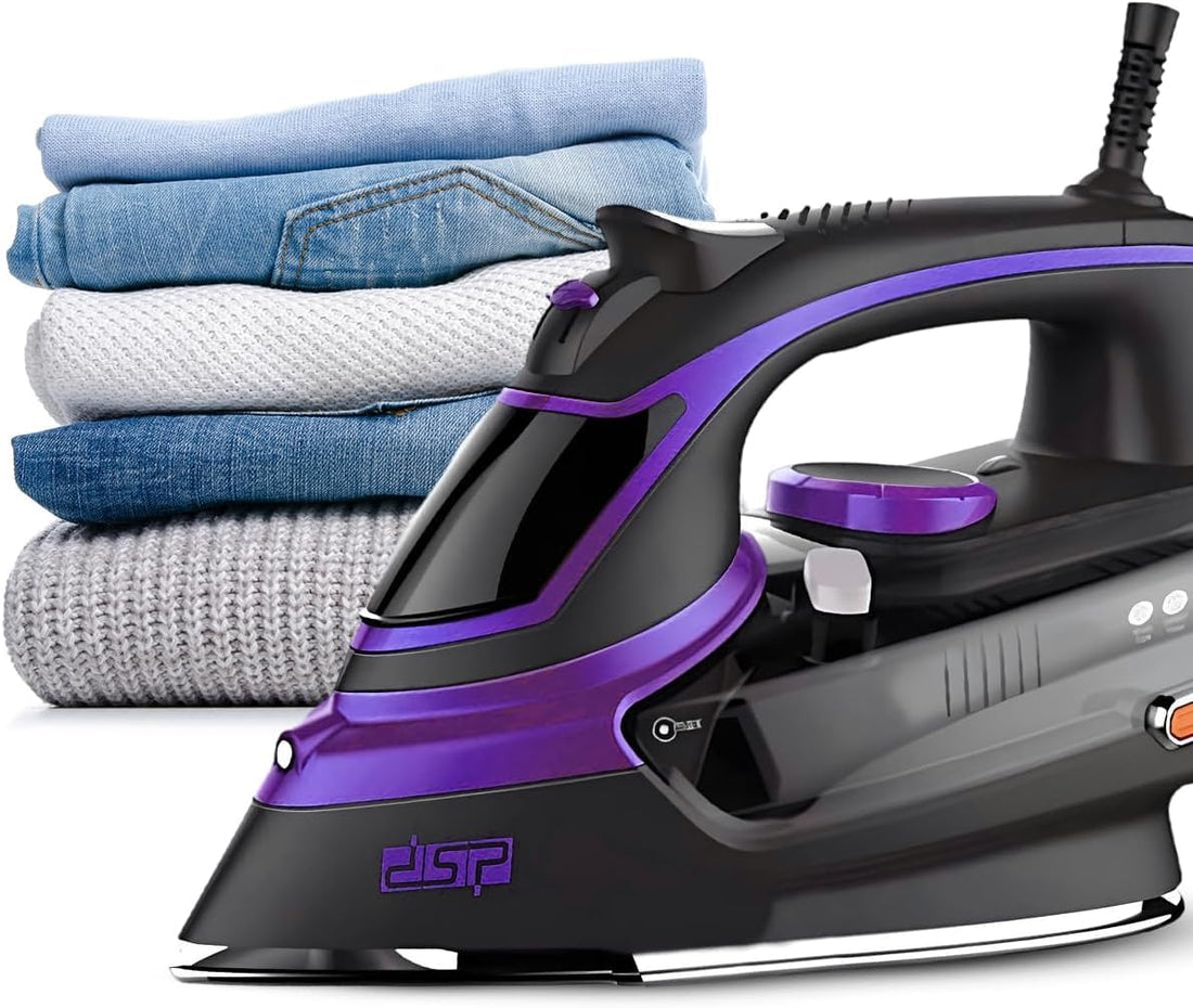dsp steam iron, steam iron portable, steam spray iron, 2000W with Ceramic Coated Plate, Dry, Spray, Adjustable Steam, Steam Burst, Vertical Steam, Self-Cleaning, KD1004