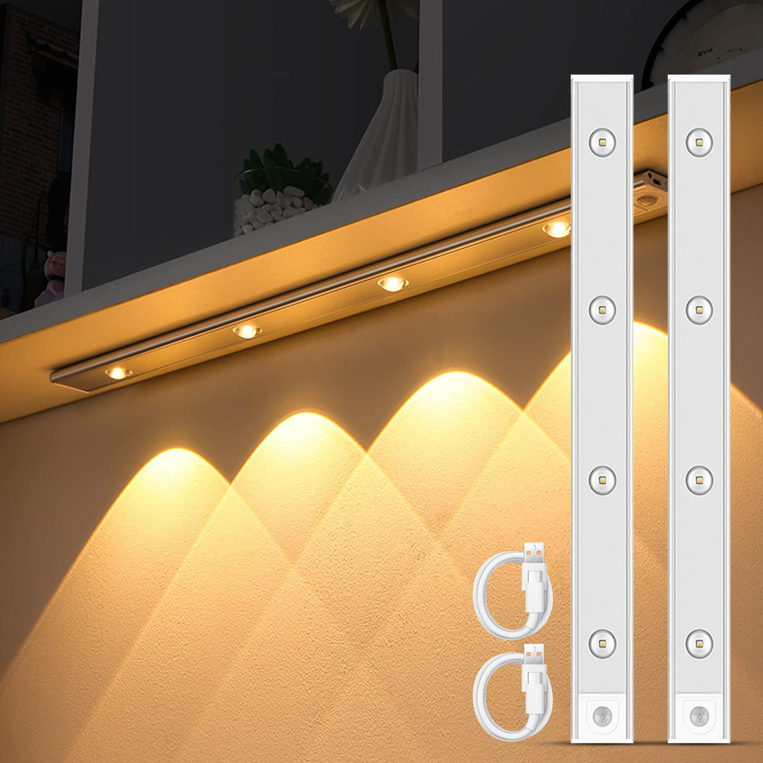 GARTO Silver Under Cabinet Light 2 Packs,23.62 inch Slim LED Motion Sensored Light,4 Beads USB Rechargeable Under Counter Lights for Kitchen Shelf Wardrobe Closet