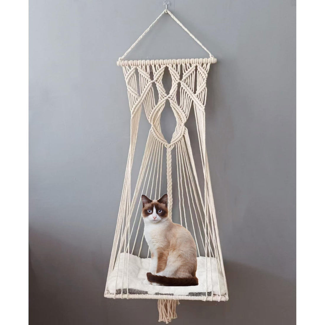 Macrame Cat Hammock Swing Bed - Cotton Rope Hanging Cat House with Tassel Tapestry (White)