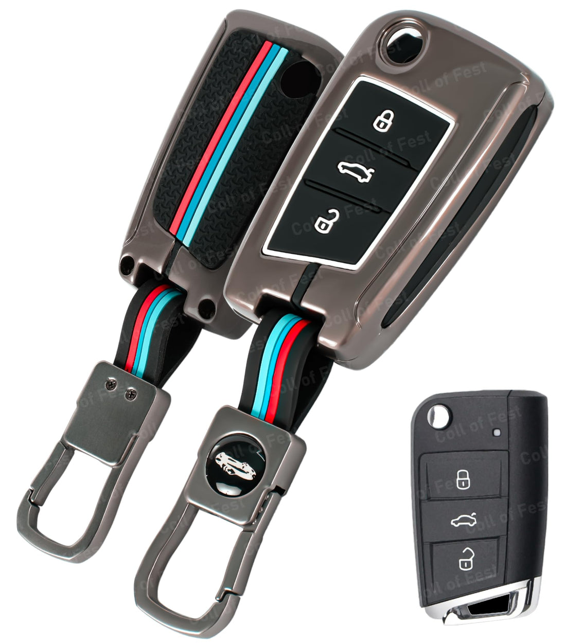 Metal Silicon Key Cover Compatible with Skoda & Volkswagon-Kushaq Octavia Kodiaq Superb Slavia Passat, Taigun, Tiguan, Virtus, T Roc 3 button Flip Smart Key Visible in low-light Condition