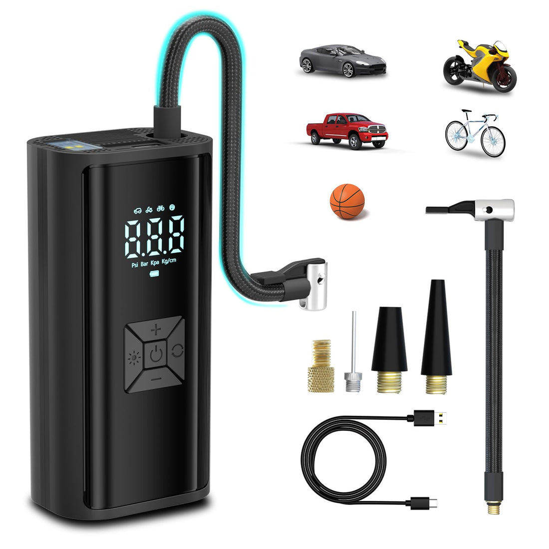 Portable Tire Inflator - 3X Fast 150 PSI Air Compressor for Car Tires - Cordless Tire Pump with Pressure Gauge and LED Light - Electric Air Pump with Auto Shut-Off