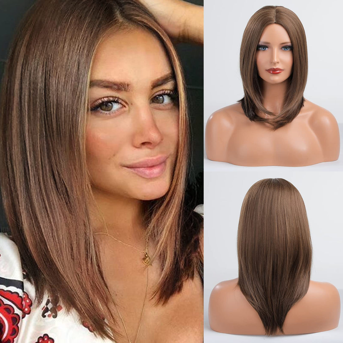 ECIF Synthetic Bob Central Parting Short Wig For Women - 12In, Brown