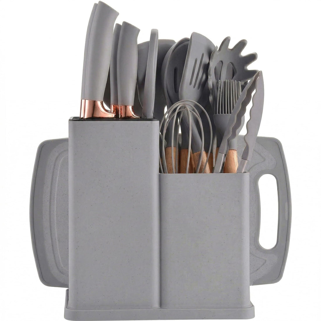 19 Piece Silicone Kitchen Utensil Set with Knives, Organizer Holder, Cutting Board and Scissors – Nonstick Utensil Safe, Heat Resistant, Easy to Clean, Wooden Handles (Grey)