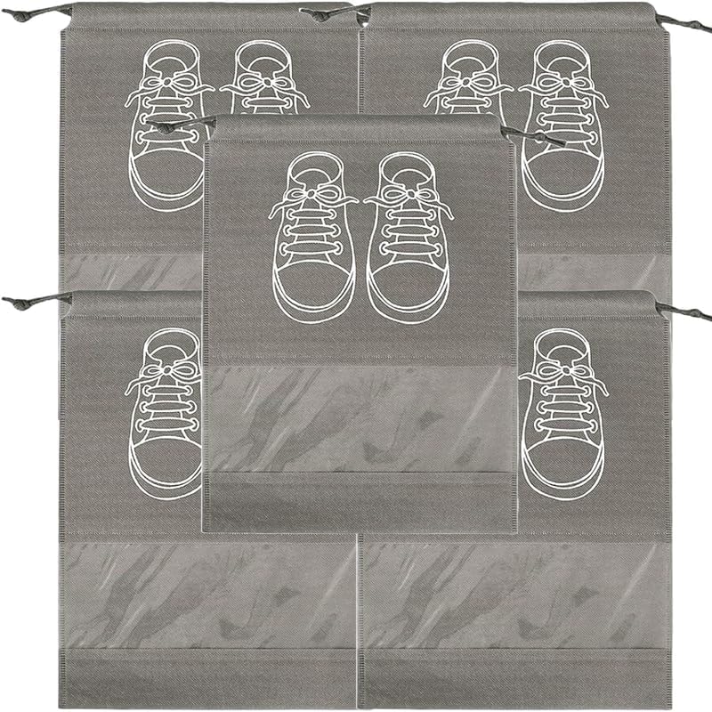 Circle M 5-Piece Large Waterproof Shoe Storage Bags: Dustproof Drawstring with Transparent Window – Grey