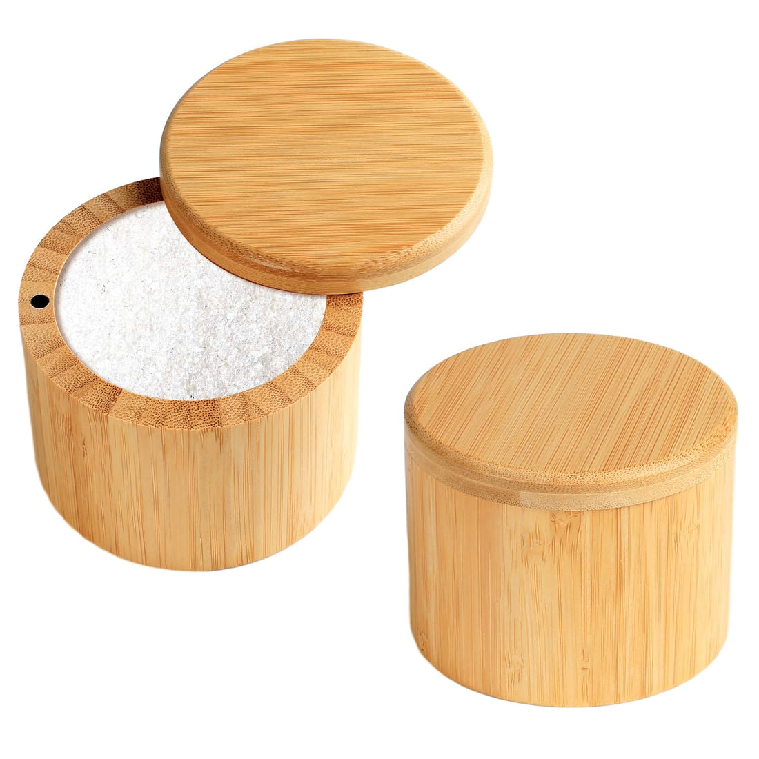 DEBETOOL 2 Piece Salt Box for Pepper Spice And Bath Salt Sea Salt - Natural Bamboo Salt Cellar with Magnetic Swivel Lid, Round Salt Holder for Kitchen Pepper Storage