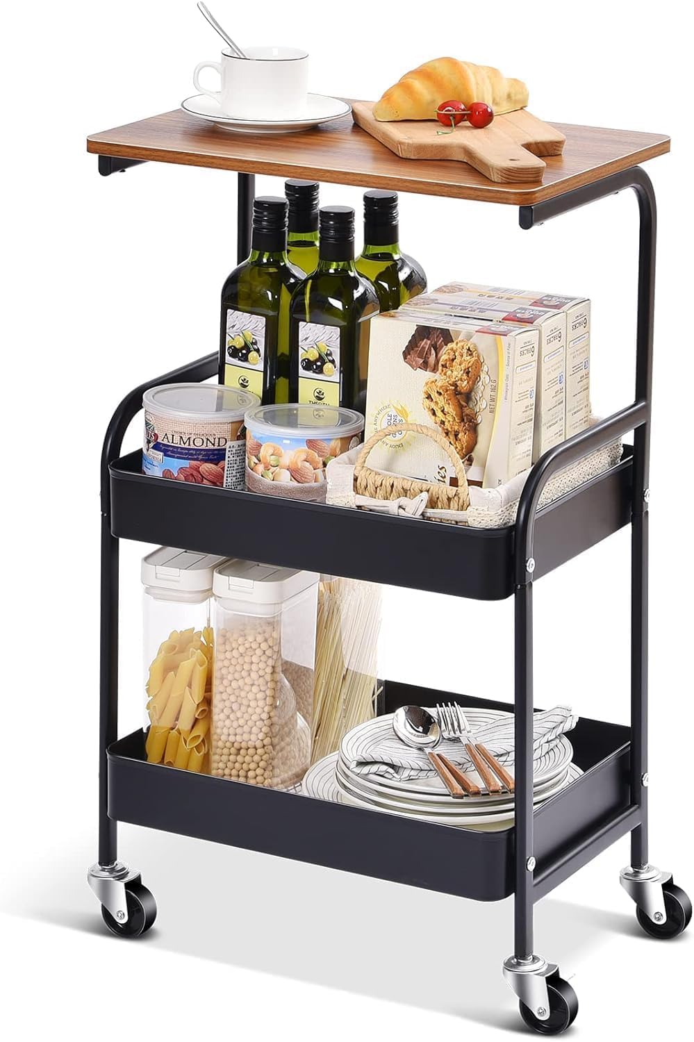 ALMEKAQUZ 3 Tier Rolling Utility Cart Organizer,Trolley with tabletop and storage rack,Rolling Desk with Locking Wheels for Kitchen,Bathroom,Living Room(Black)