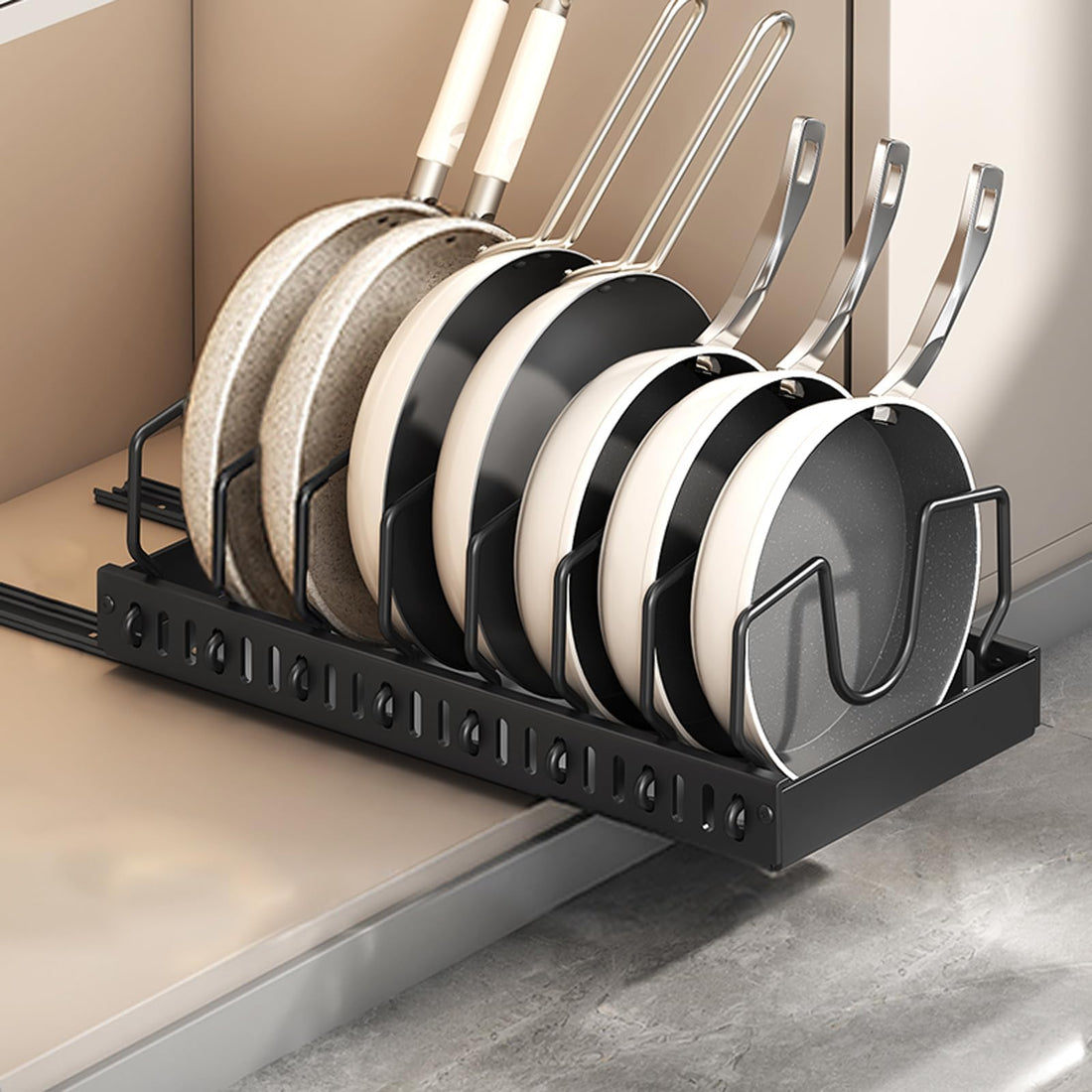 Pots and Pans Organizer, Sliding Pot Lid Holder and Pan Rack in Kitchen, Pull Out Pots and Pans Organizer for Cabinet, for Pot Lid, Bakeware, Dishes, Pots and Pans Storage (Black)
