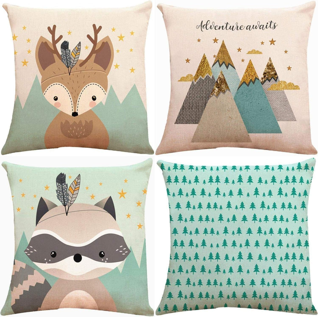 Forest Animal Fox Throw Pillow Covers 18 * 18 Inch, Set of 4 Cotton Linen Teal Square Decorative Cushion Pillowcases for Car Sofa Couch Woodland Girls Nursery Room Decor ¡