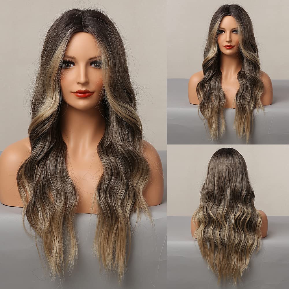 ECIF Brown Wigs For Women Long Curly Wigs Dark Brown Highlights Blonde Wig Middle Part Heat Resistant Synthetic Wig