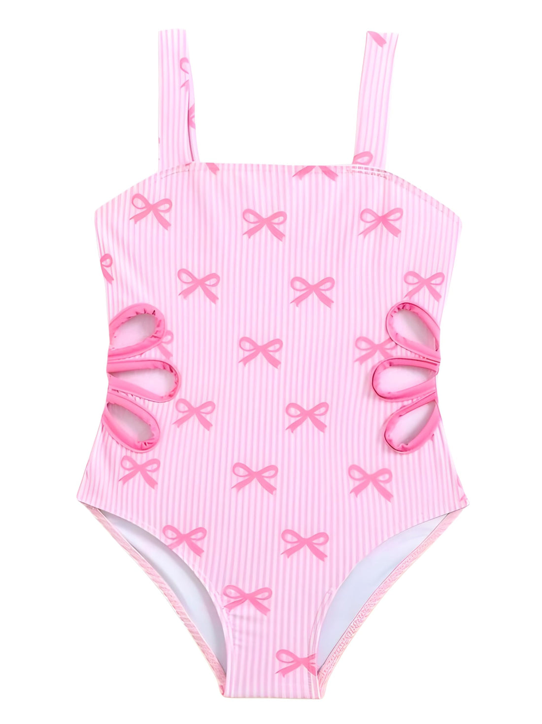 Shein F-KJ Kids Swimsuit -Young Girl Waist Tie Hollow Bowknot Striped Print Spaghetti Strap One-Piece Swimsuit Pink Bow Swimsuit ملابس سباحة للبنات اطفال