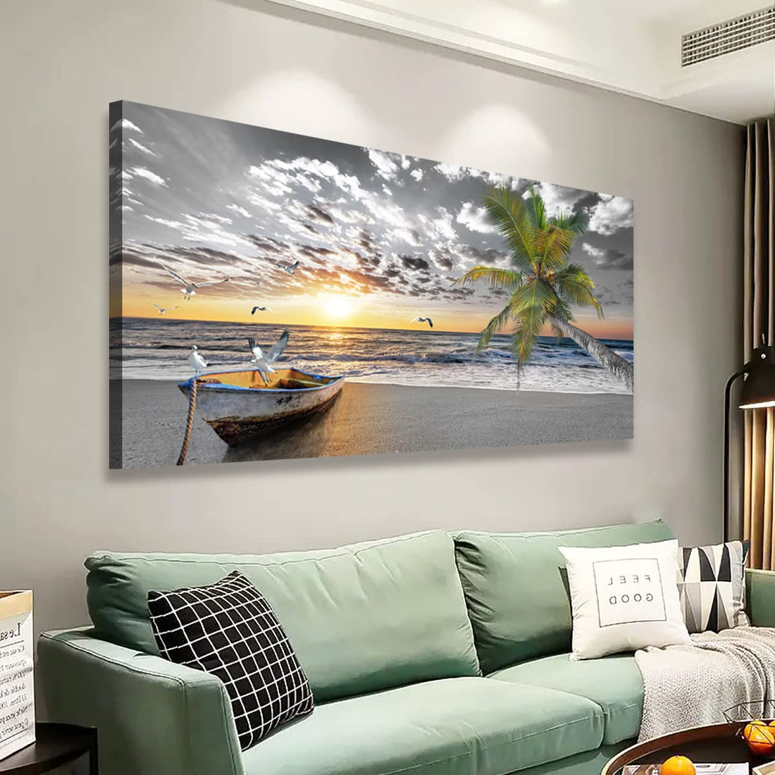 SiGuTie Canvas Wall Art Black and White Beach Palms Prints Paintings for Home Wall Decor Boat and Sunset Seascape Pictures Canvas Art for Living Room Bedroom Office Wall Decor Natural Scenery Artwork