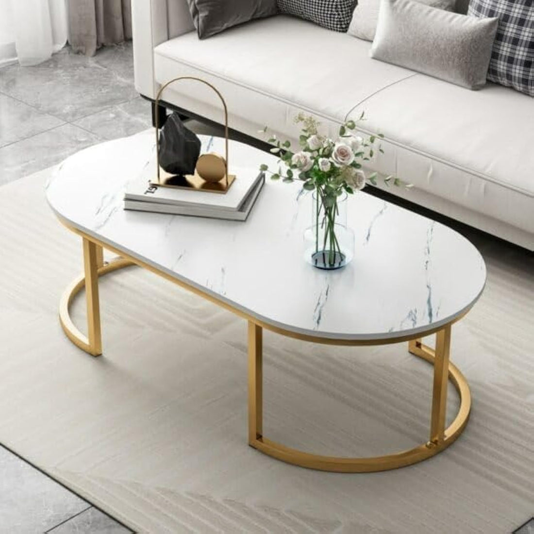 Steelo Home Gold Coffee Table with Wood Top, Modern Rectangular Living Room Table with Diameter 100cm with White Metal Frame | Mid Century Center Table with Rustic Style