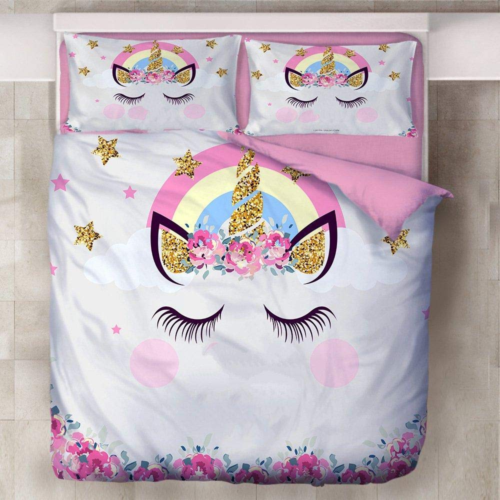 Duvet Cover With 2 Pillowcase 3D Cartoon Animal Unicorn Single Bedding Set Soft Easy Care Microfiber Quilt Cover With Zipper Closure, For Adults And Teens + 2 Pillow Cases 135X200 Cm