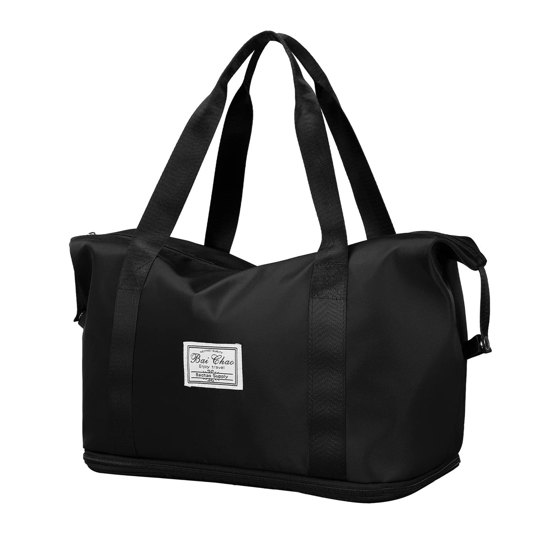 Travel Duffel Bag, Packable Foldable Holdall Tote Weekend Overnight Bag Large Capacity Luggage Lightweight Waterproof Carry on Bag Sport Gym Bag with Wet Pocket for Shopping Vacation, Black,