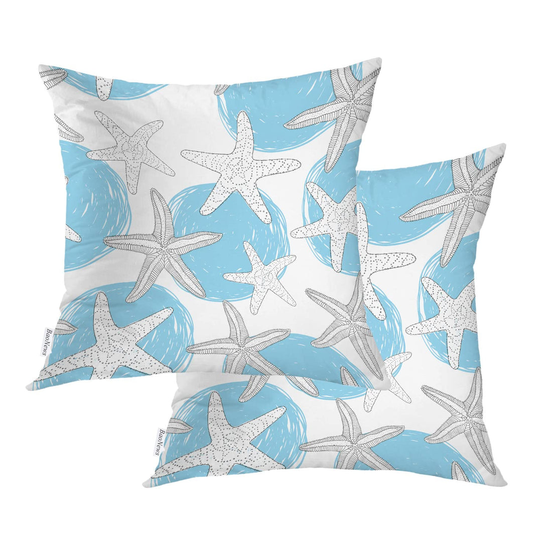 Coastal Nautical Decorative Pillow Covers, Circles and Starfish Blue and White Marine Theme Pillow Covers 16X16 Inch Cotton Square Cushion Decorative Pillow Case for Sofa Bed