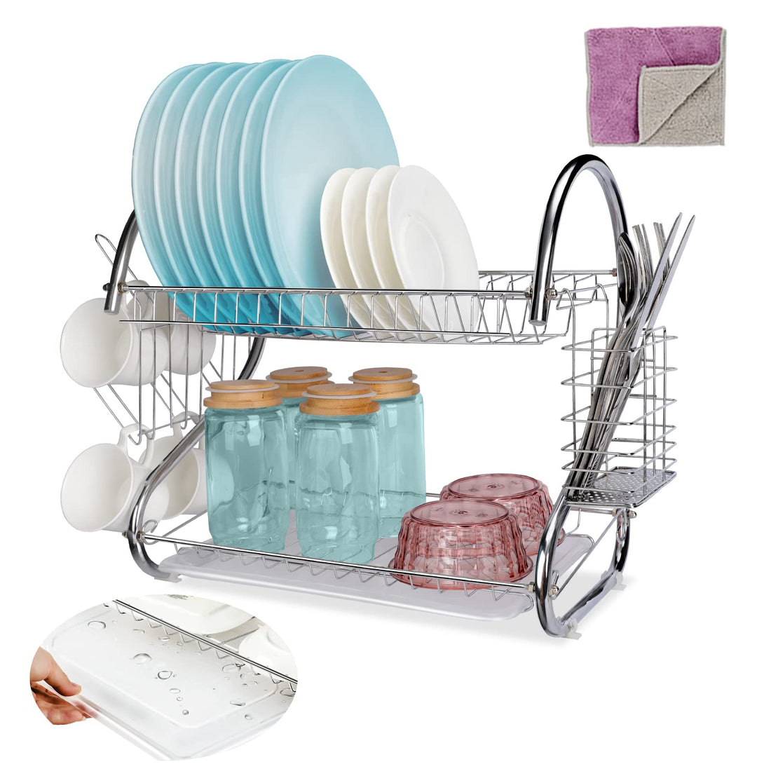 Midyb Dish Drainer Rack, 2 Tier Dish Drying Rack with Drip Tray, Removable Plate Draining Board & Cutlery Holder, Large Capacity Dish Drainers for Kitchen Countertop, Iron