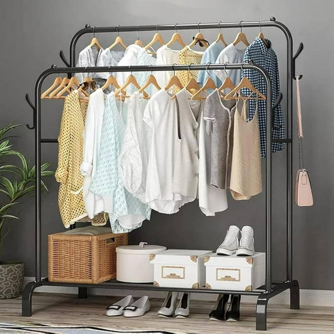 "Duo Rack" Clothes Rack with Multiple Hangers and Shoe Racks, Ideal for Bedroom Organization and Space Saving.Get a Sturdy Clothes Rack and Organizer Now! - Generic