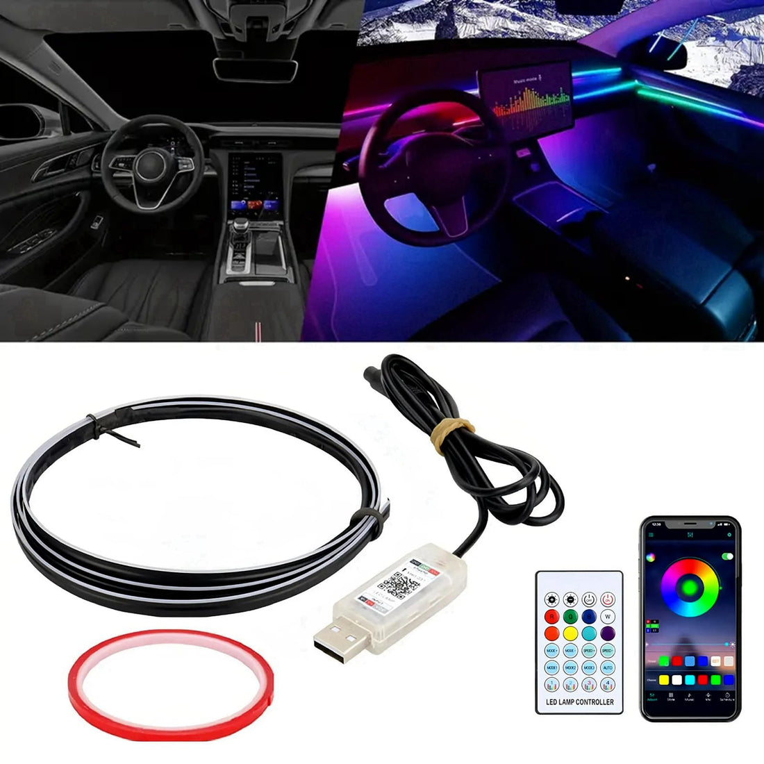 Interior Car Ambient Lighting Kit, 43.3 Inches Dreamcolor USB LED Ultrathin Acrylic Strip Lights Neon Accessories for Cars Truck SUV Center Console Dashboard with APP&Remote Control