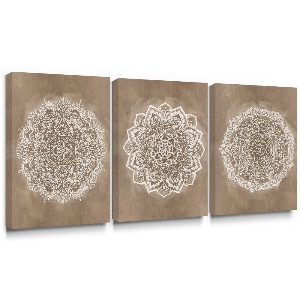 SUMGAR Mandala Wall Art Boho Coffee Pictures Brown Indian Bohemian Art Prints for Walls Floral Canvas Painting Flower Artwork for Bedroom Bathroom Living Room Yoga Room 30x40cm Set of 3