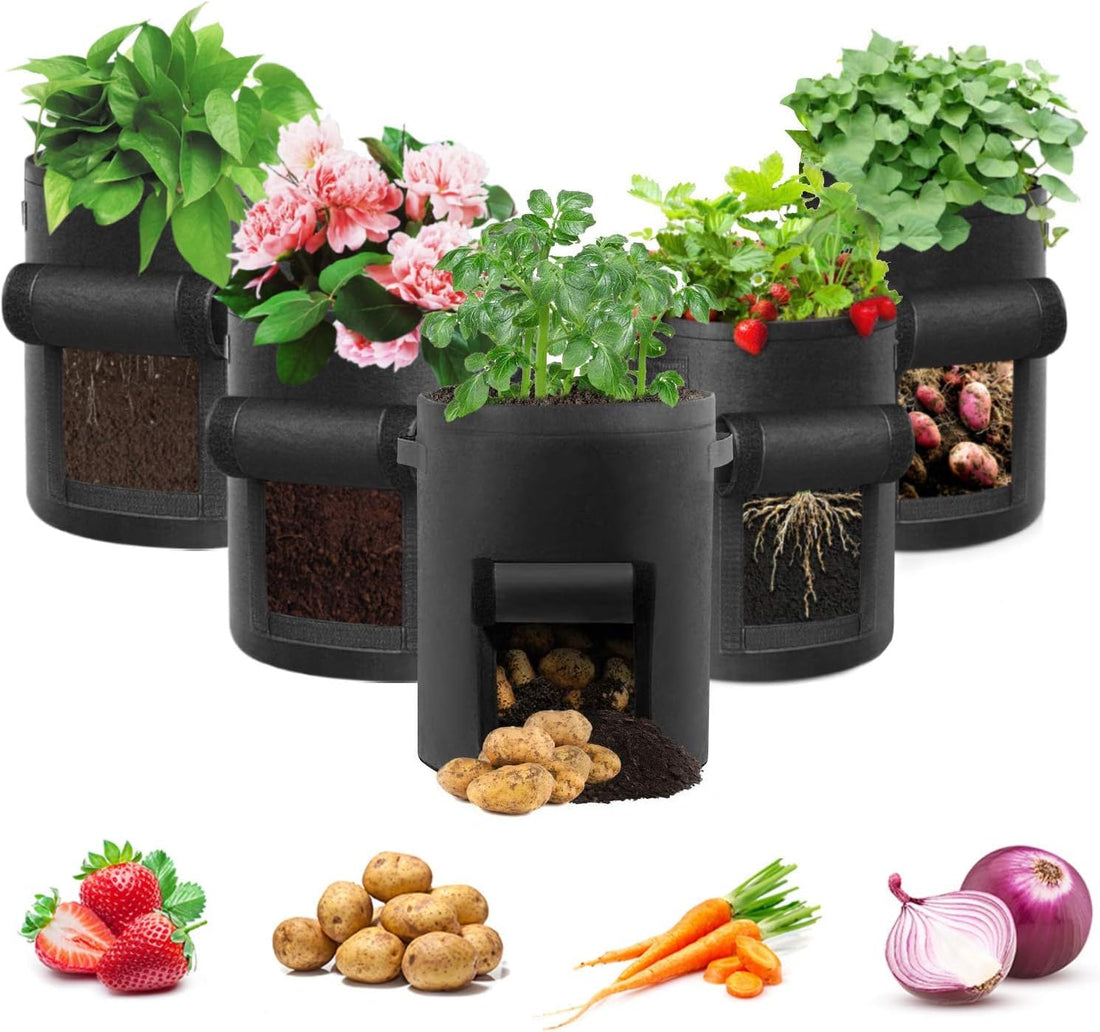Potato Grow Bag, 5 Pack 10 Gallon Plant Bags Breathable Garden Growing Bag Planting Tomato Fabric Pots with Strap Handles and Access Flap for Vegetables, Fruits, Home Grow Bag (Black)