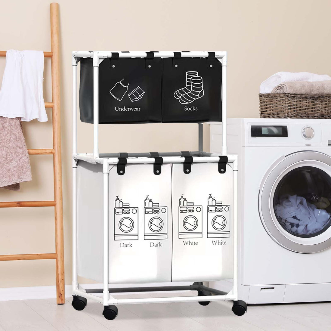 Laundry Hamper, Large Blanket Basket Sorter 4 Section Bag Organizer for Dirty Clothes - Stuffed Animal Toys - Towel Organization & Storage Heavy Duty Laundry Cart Baskets