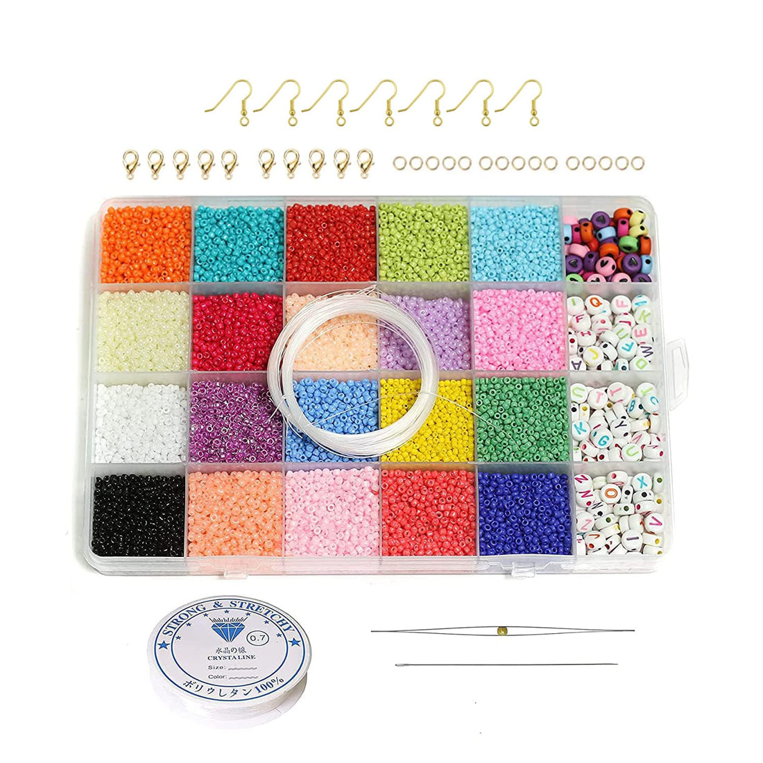 JAZZEEL Glass Seed & Alphabet Bead DIY Kit, Multi-Color Opaque Bead Set with Thread, Needles, and Findings for Complete Jewelry Making, Beading, Embroidery, and Art & Crafts Projects for All.