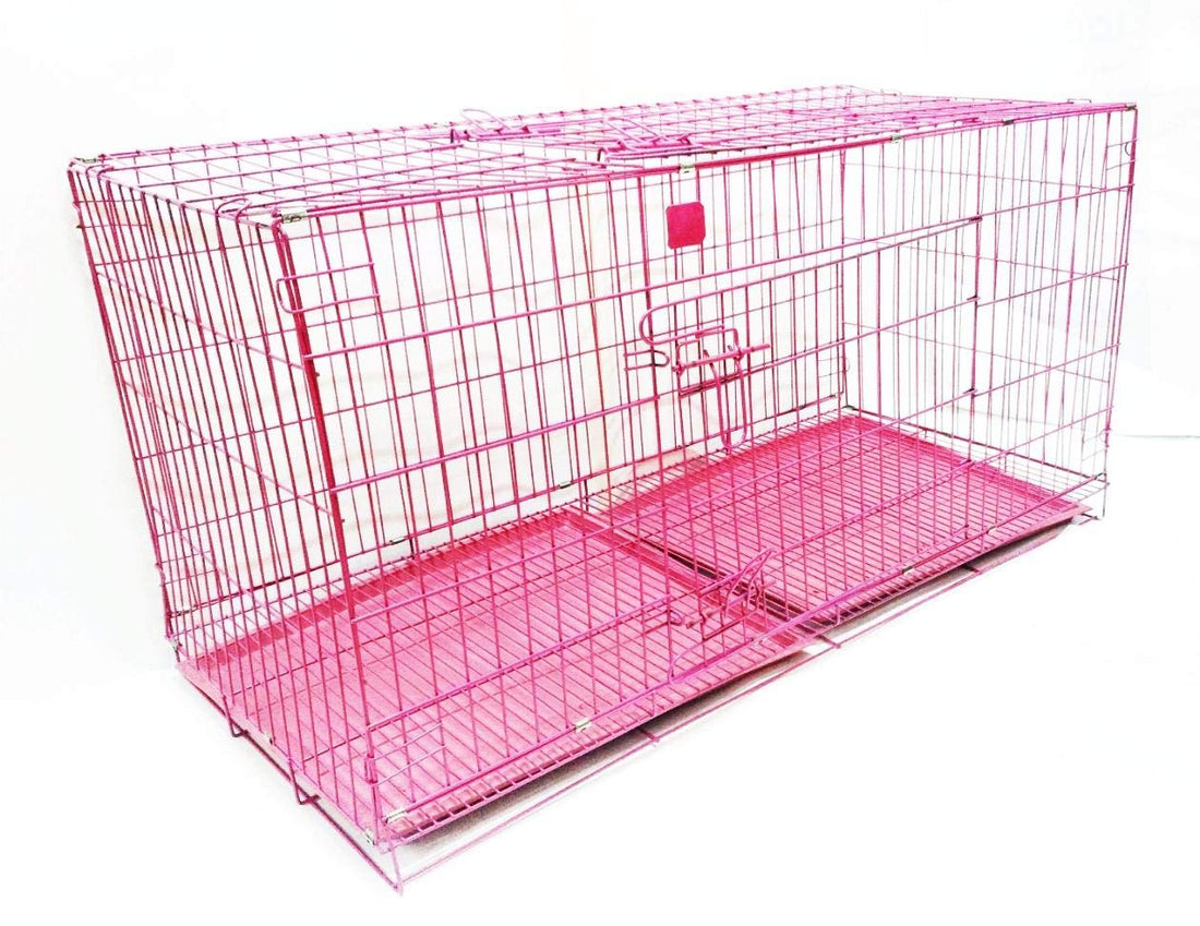 Foldable metal pet animal cage with movable cleaning drawer-two inlets-rose