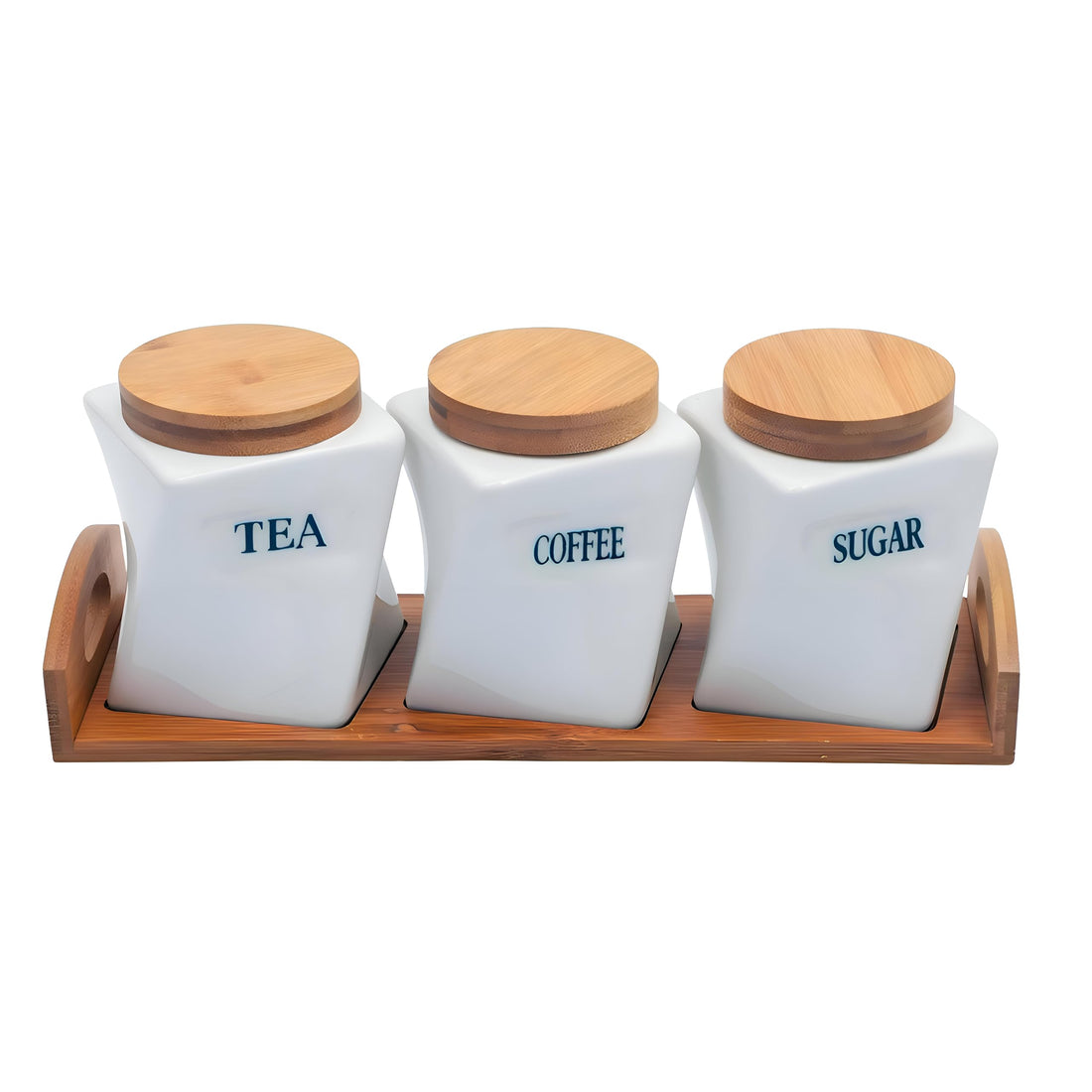 Storage Trio - Sophisticated White Ceramic Set for Tea, Coffee, and Sugar with Polished Wooden Tray, Ideal for Enhancing Organized and Clean Kitchen Environments