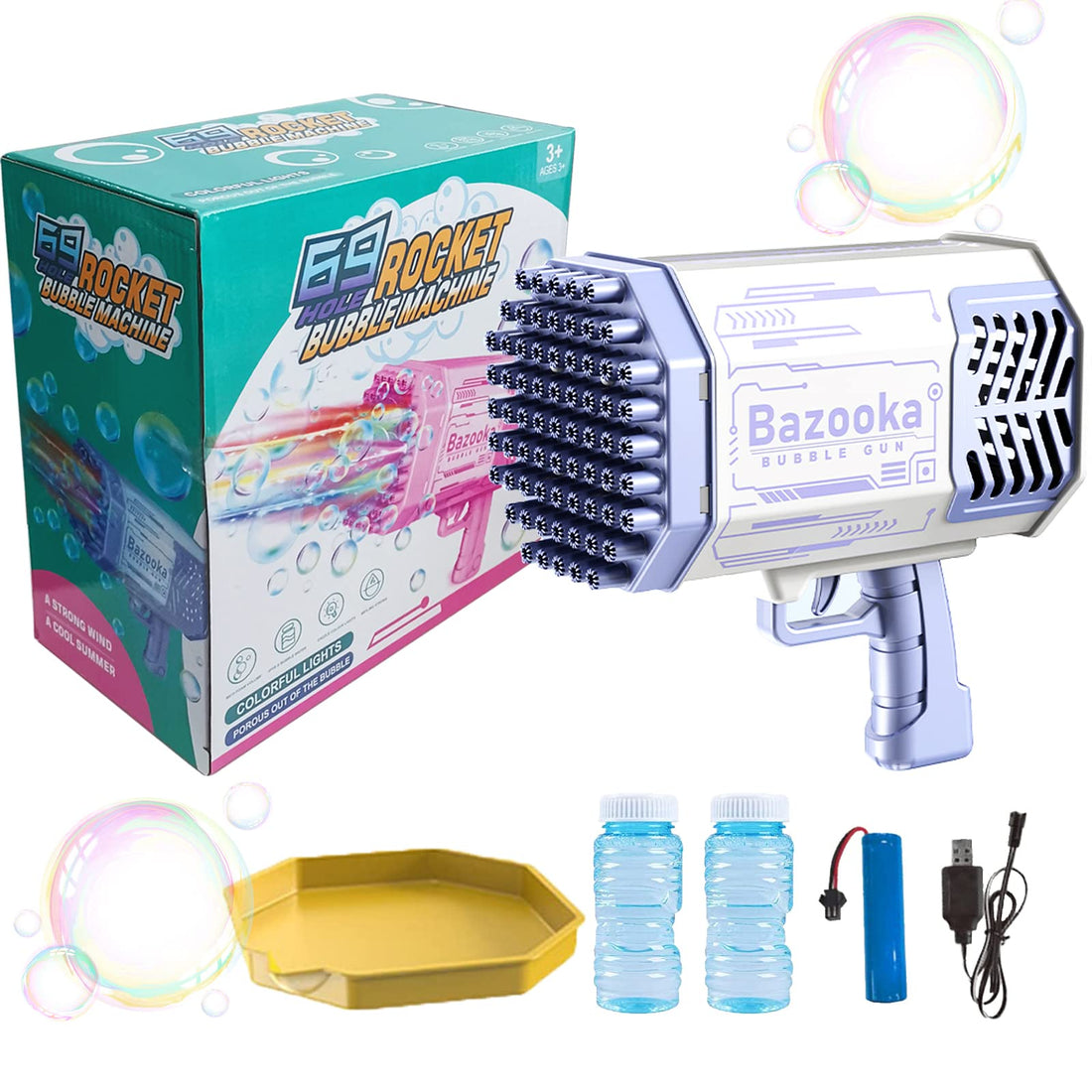 Bubble Blowing Gun 69 Hole Kid Electric Huge Amount Bubble Maker Strong Tightness Bubble Blaster Bazooka Bubble Machine with Colorful Lights for Boys Girls Adults Birthday Summer Outdoor Party Gift