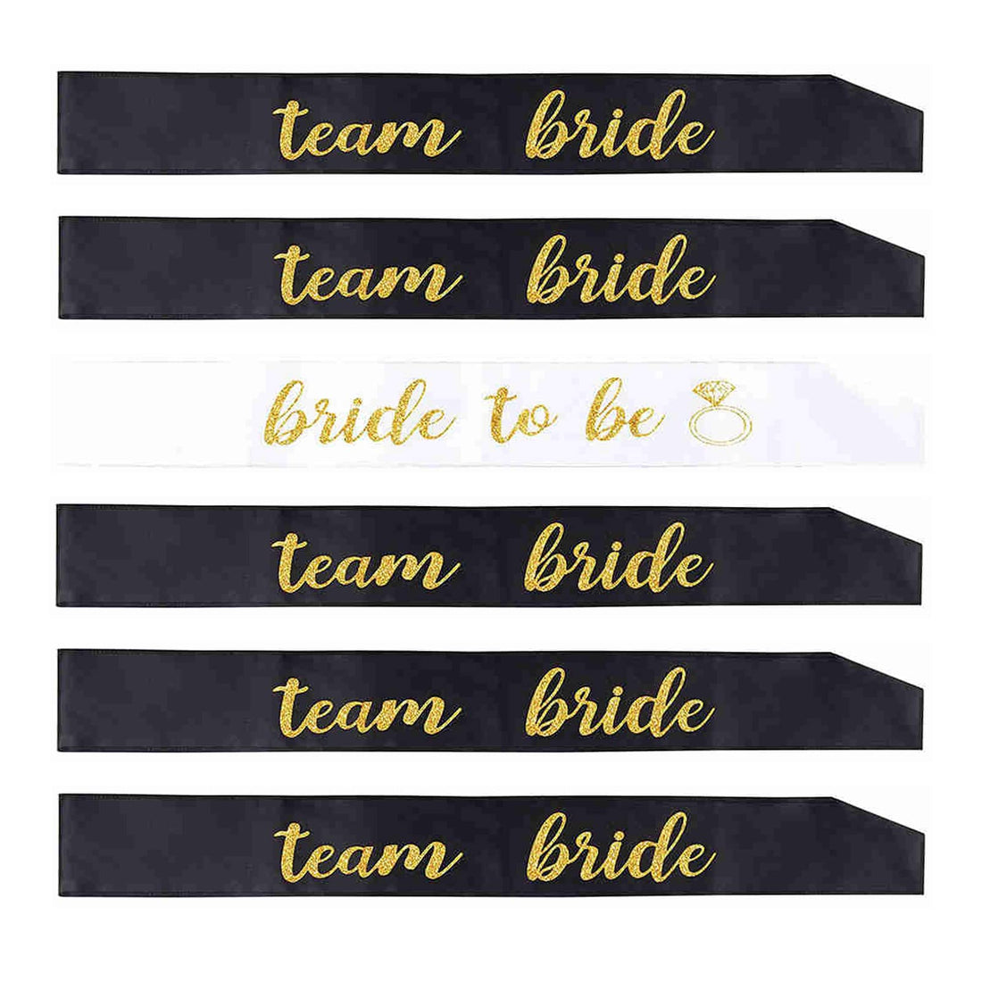 DMQ 6 Pack Team Bride Sashes, Hen Party Sashes for Hen Night Party Wedding Parties Girls' Night, 1 White Bride To Be Sash+5 Black Team Bride Sashs Gold Text Hen Party Decoration