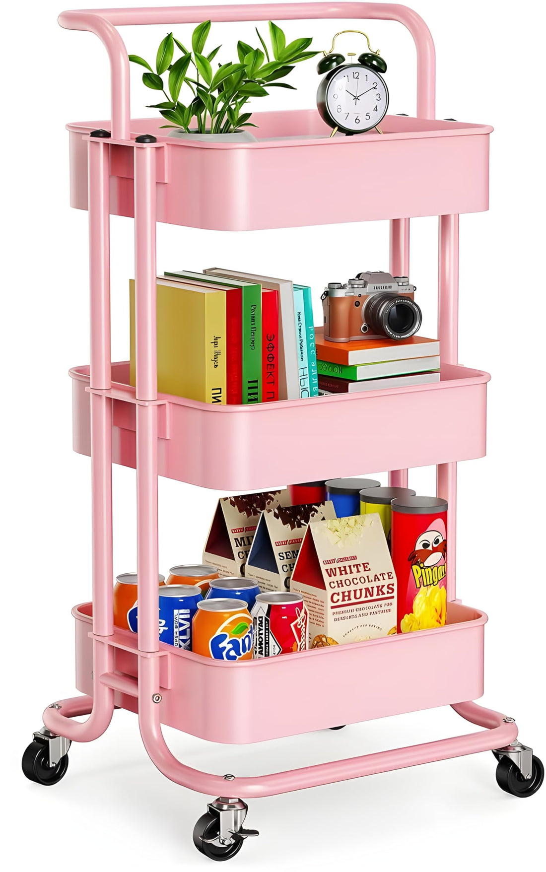 JIALTO Multipurpose Trolley with Wheels- Heavy Duty 3-Tier Utility Cart for Storage & Organization- Movable Rack for Home, Kitchen, Bathroom, Pantry- Durable Metal Frame with Lockable Wheels (Pink)