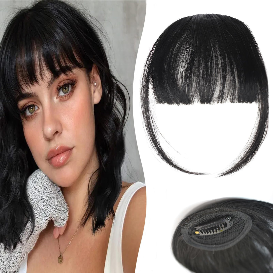 Larfraecy Clip in Fringe Extension,Front Bangs Extensions Clip,Clip in Fringe 100% Human Hair Clip,Fake Hair Fringe Bangs Clip In Hair,Synthetic Hair One Piece Clip in Air Fringe Bangs (Natural Black)