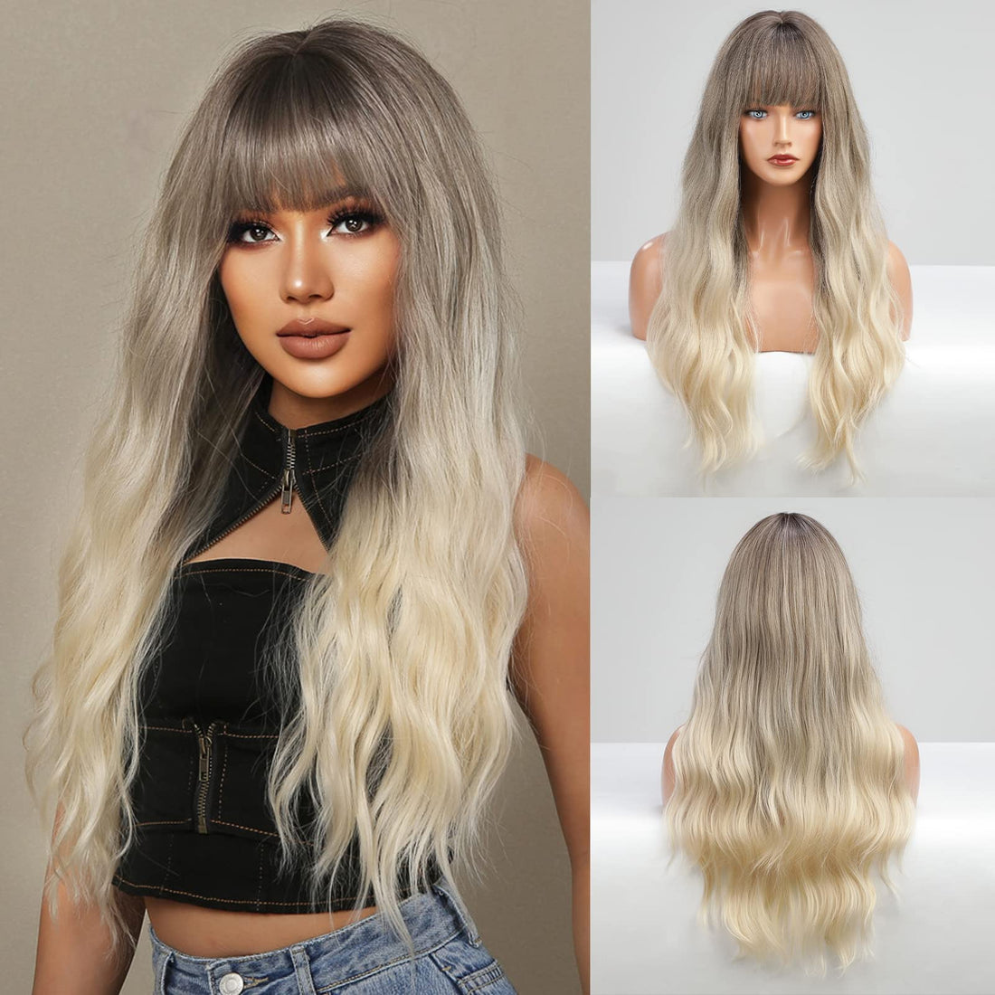 ECIF Black Wig With Bangs Long Straight Wigs For Women Heat Resistant Fiber Synthetic Wigs