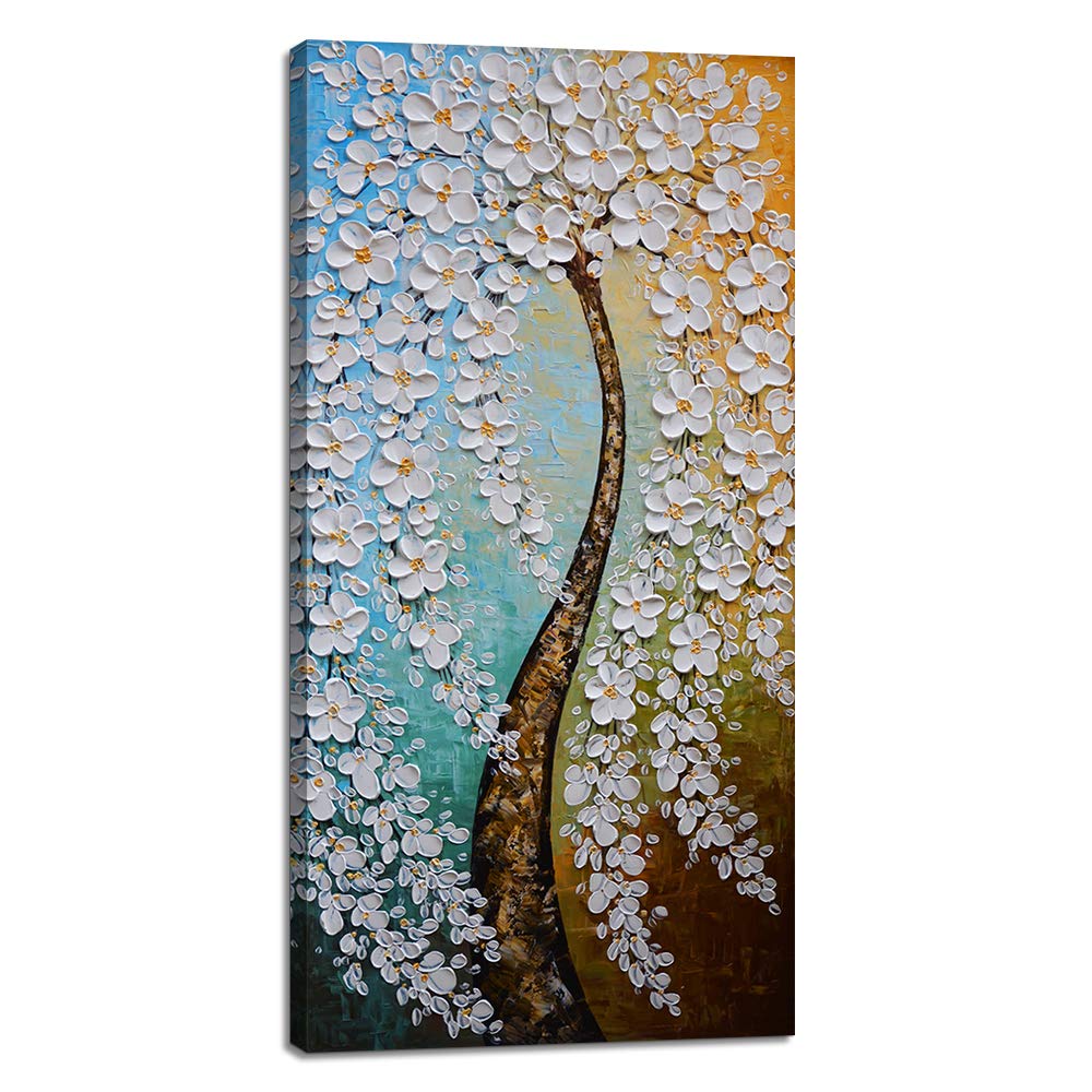 DekHome Abstract White Flower Tree Canvas Wall Art Plum Tree Blossom Picture Prints Modern Floral Artwork Stretched Framed Ready to Hang for Living Room Bed Room Decoration 20x40Inch(NO PAINTING)
