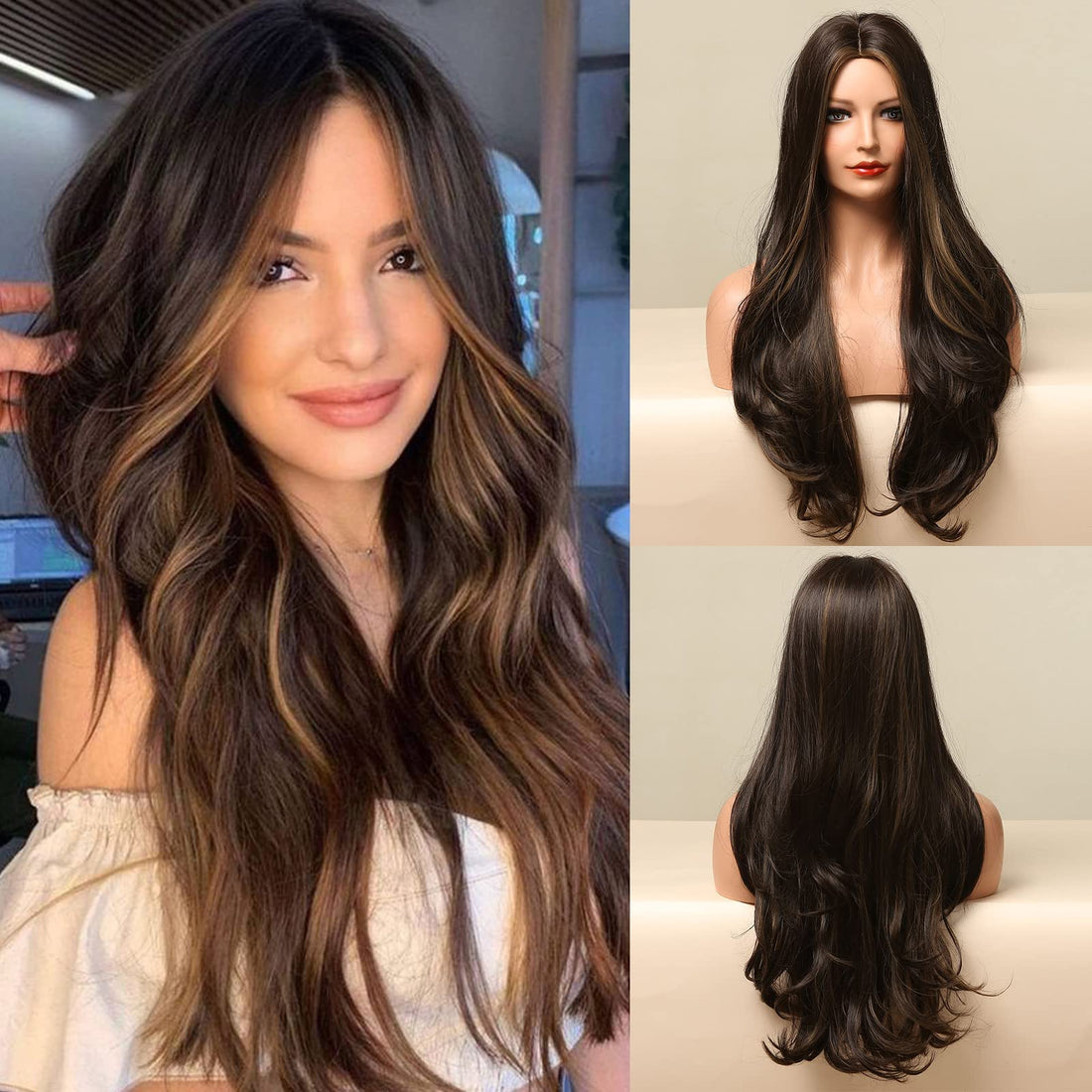 ECIF Black Wigs For Women - Long Wavy Wig Hair Wigs Synthetic Wigs, Natural Ombre Blonde Middle Part Women's Hair For African Everyday/Party/Cosplay