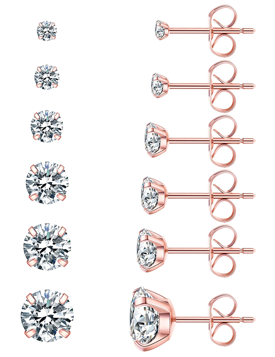 Wssxc 5 Pairs Stud Earrings Hypoallergenic Cubic Zirconia 316L Earrings Stainless Steel CZ Earrings Set 3-8mm (Rose gold)