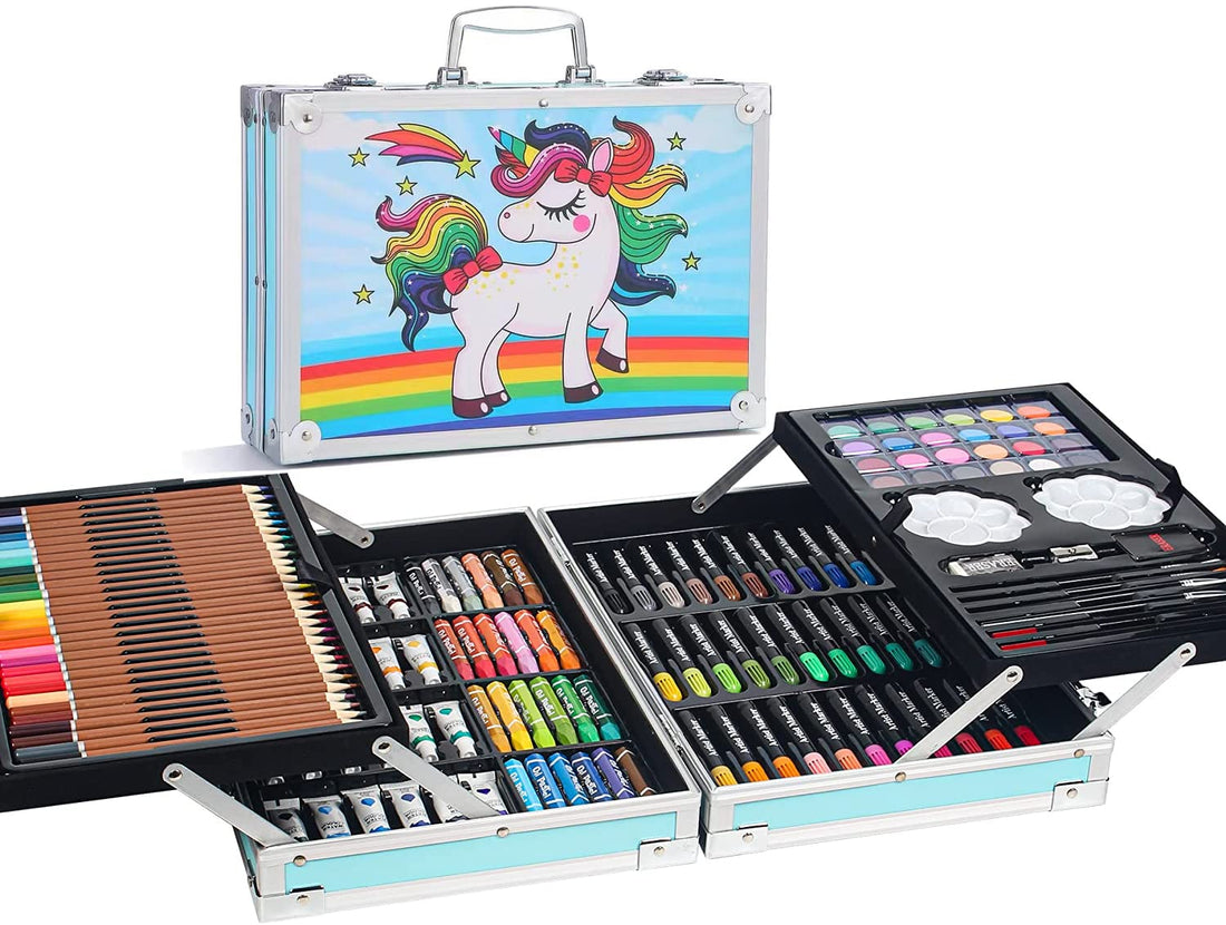 HJB VISSO Art Set 145pcs, Art Supplies Set, Drawing Supplies with Portable Aluminum Case Art Kit, Great Gift Artists Drawing Set for Kids, Teens, Boys, Girls, Beginner and Artists (Unicorn-Blue)